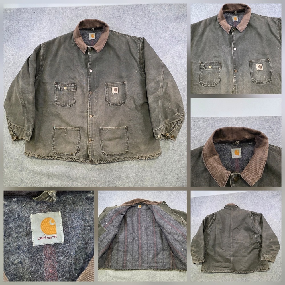 VTG Carhartt Coat Mens 4XL? Green Canvas Blanket Lined Chore Workwear Distressed